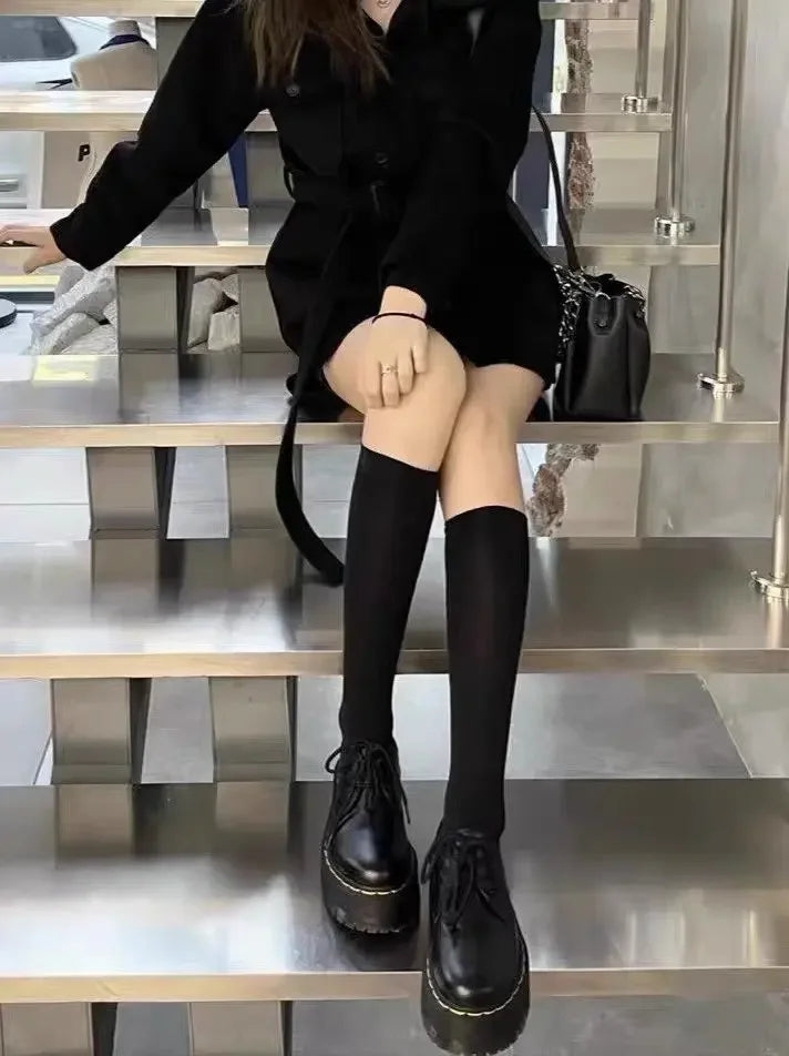 Loafers Thick Soled Retro Black Leather Shoes Women's 2025 Autumn Winter New Item Japanese Style College Style Lace Up Loafers