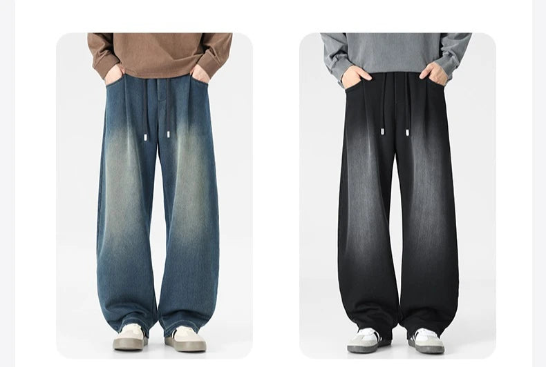 Baggy Jeans Men's Fashion 2026 New Wide Leg Straight Casual Drawstring Trousers Men's Clothing Fashion Vintage Denim Pants