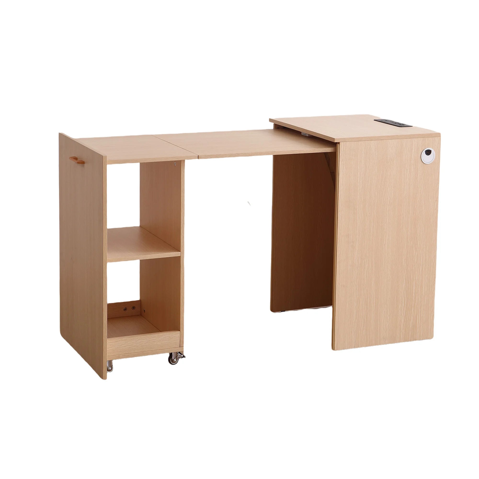 Wooden Home office Desk with Power Outlet, Storage Shelves & Wheels - Extendable Foldable table