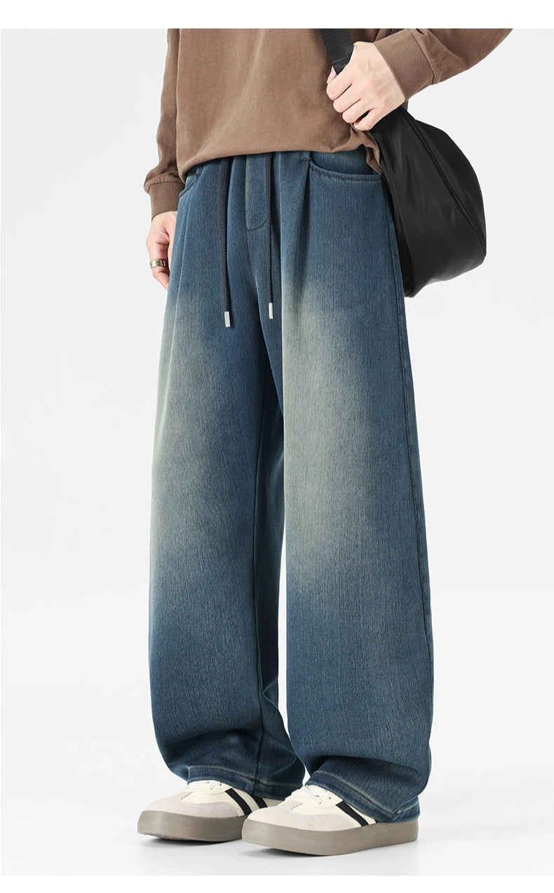 Baggy Jeans Men's Fashion 2026 New Wide Leg Straight Casual Drawstring Trousers Men's Clothing Fashion Vintage Denim Pants