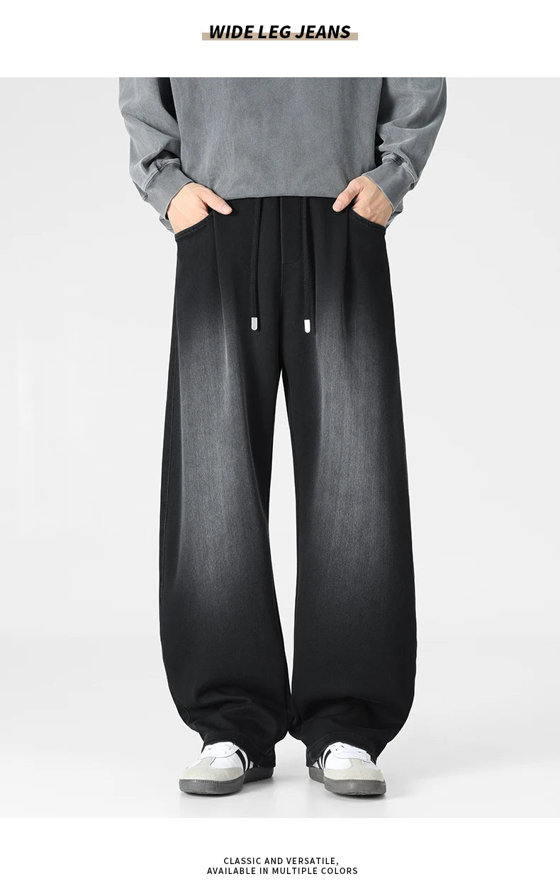 Baggy Jeans Men's Fashion 2026 New Wide Leg Straight Casual Drawstring Trousers Men's Clothing Fashion Vintage Denim Pants