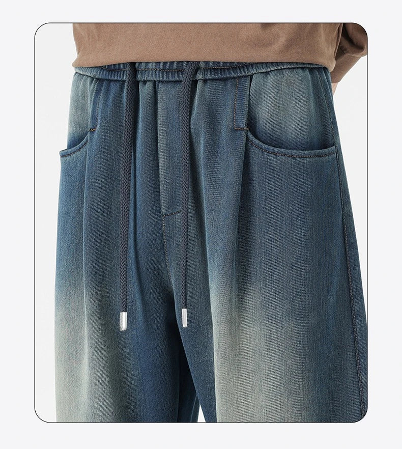 Baggy Jeans Men's Fashion 2026 New Wide Leg Straight Casual Drawstring Trousers Men's Clothing Fashion Vintage Denim Pants