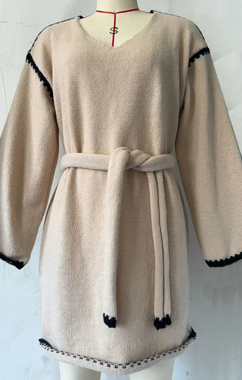 Fashion V Neck Long Sleeve Belt Lace Up Waist Knitted Pullovers Sweaters Dress Women Belt Loose Outwear Autumn Winter Streetwear