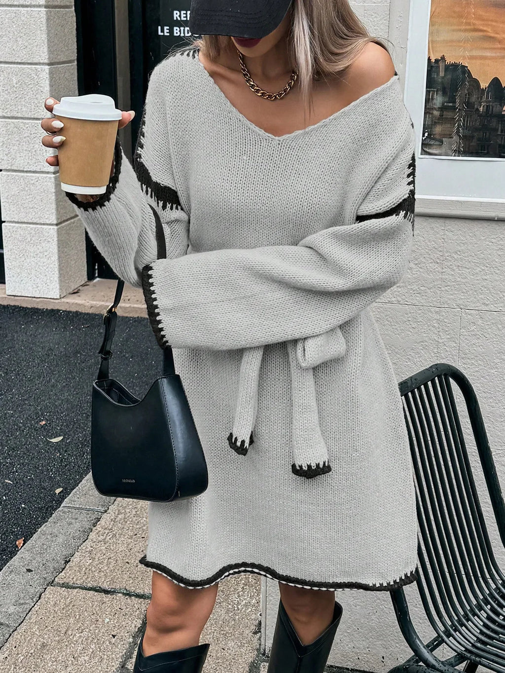 Fashion V Neck Long Sleeve Belt Lace Up Waist Knitted Pullovers Sweaters Dress Women Belt Loose Outwear Autumn Winter Streetwear
