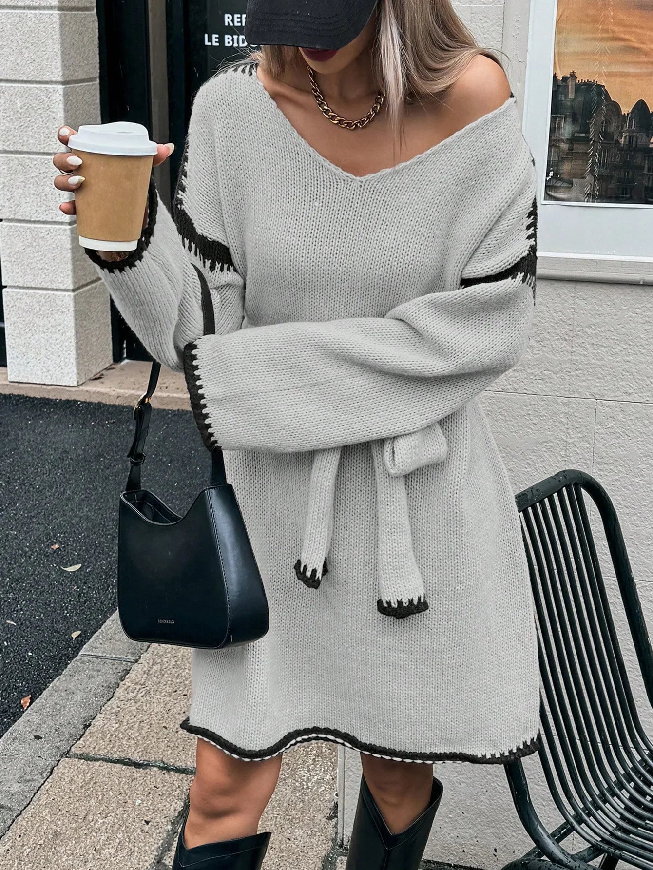 Fashion V Neck Long Sleeve Belt Lace Up Waist Knitted Pullovers Sweaters Dress Women Belt Loose Outwear Autumn Winter Streetwear