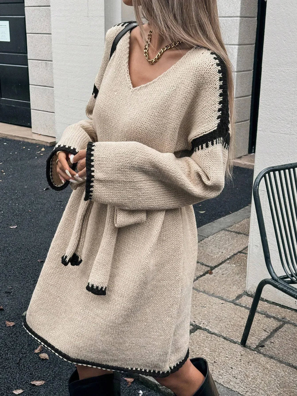 Fashion V Neck Long Sleeve Belt Lace Up Waist Knitted Pullovers Sweaters Dress Women Belt Loose Outwear Autumn Winter Streetwear