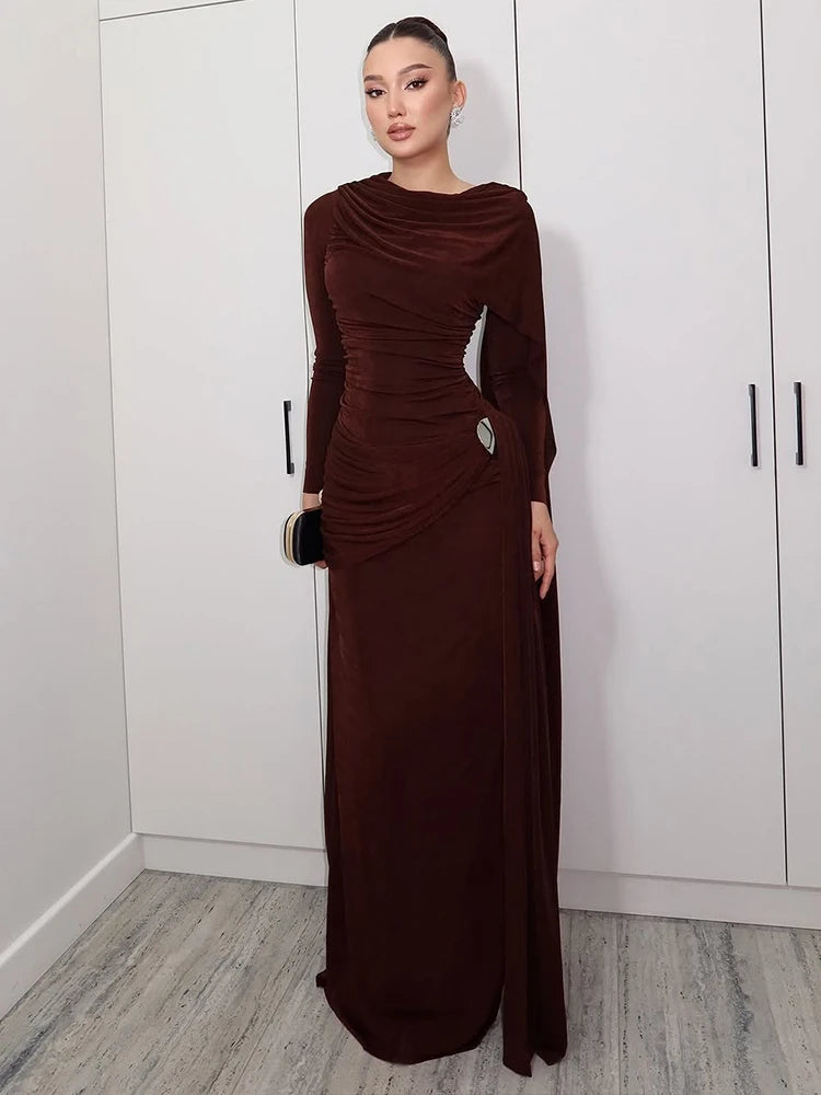 Whatiwear Casual Fashion Dress Woman Autumn Trend o-Neck Full Sleeve Ribbon High Waist Metal Decoration Ruched Elegant Vestidos