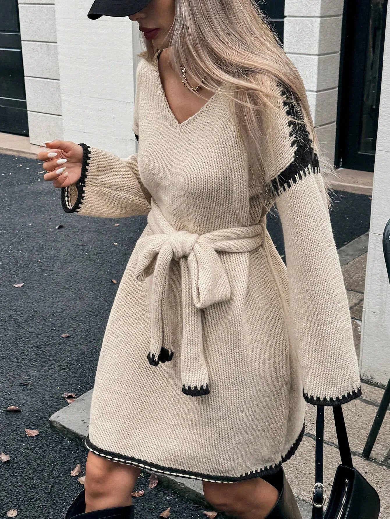 Fashion V Neck Long Sleeve Belt Lace Up Waist Knitted Pullovers Sweaters Dress Women Belt Loose Outwear Autumn Winter Streetwear