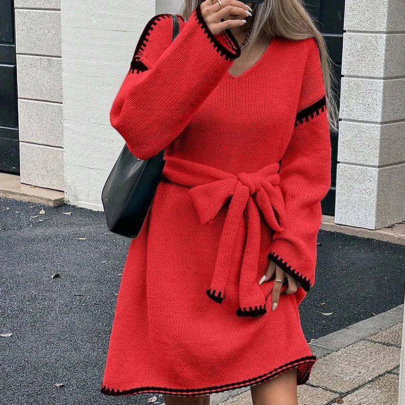 Fashion V Neck Long Sleeve Belt Lace Up Waist Knitted Pullovers Sweaters Dress Women Belt Loose Outwear Autumn Winter Streetwear