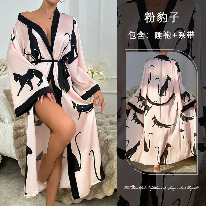 Wedding Party Dress Fashion Printed Robe Women's Clothing Loose Silk Satin Sleepwear Night Gowns Long Sleeve Ladies Bathrobe