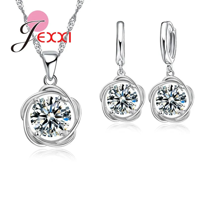 Silver Jewelry Set For Women  Fashion Element Austrian Crystal Pendant Necklaces Hoop Earrings Bridal Jewellery Sets