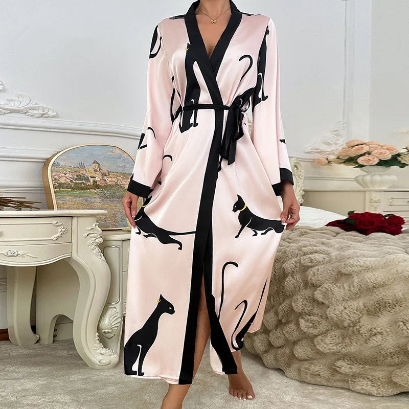 Wedding Party Dress Fashion Printed Robe Women's Clothing Loose Silk Satin Sleepwear Night Gowns Long Sleeve Ladies Bathrobe