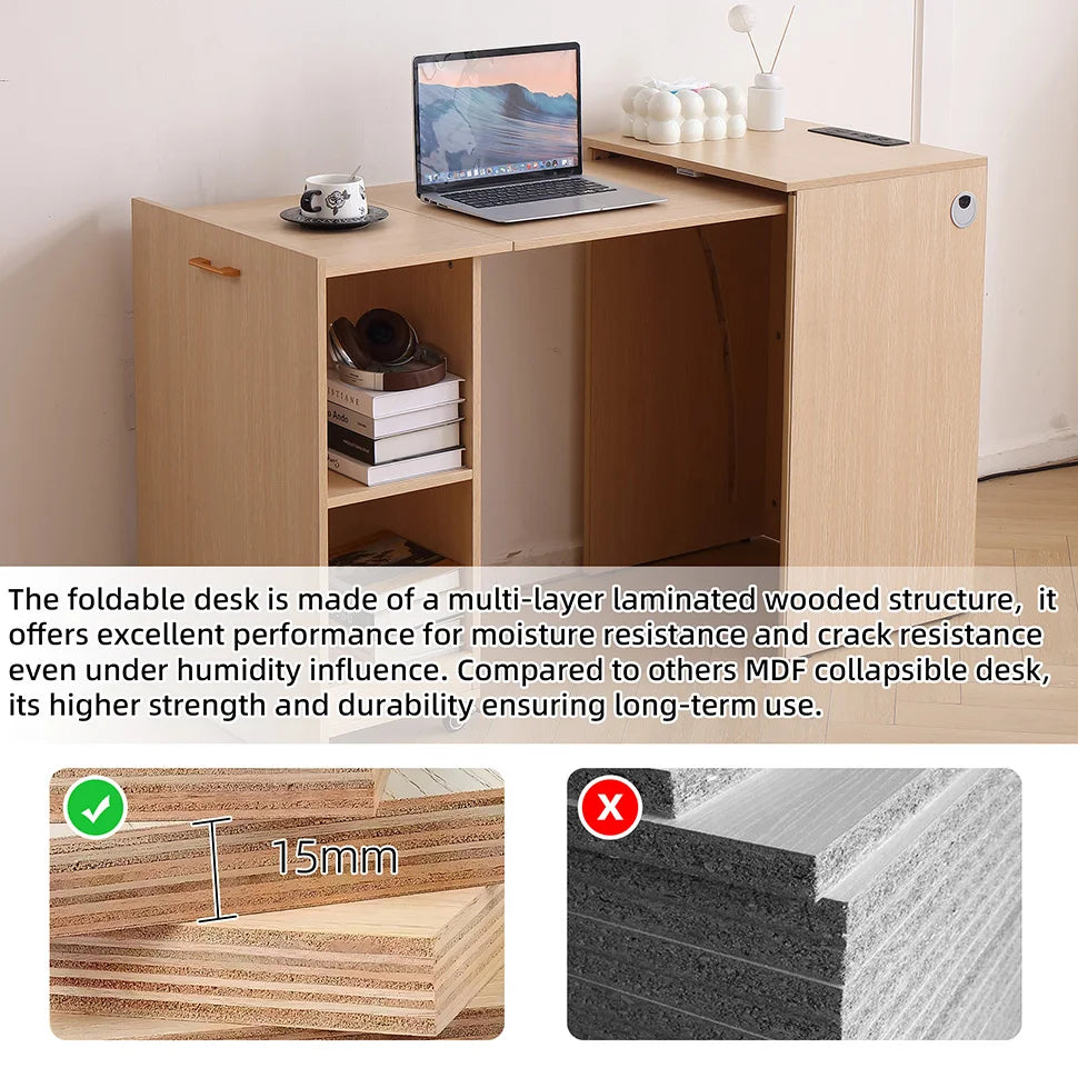 Wooden Home office Desk with Power Outlet, Storage Shelves & Wheels - Extendable Foldable table