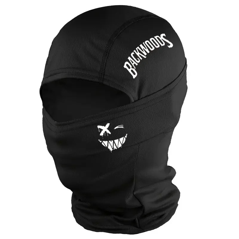 "BACKWOODS" letter and smiling face Balaclava cap full face mask, suitable for outdoor sports