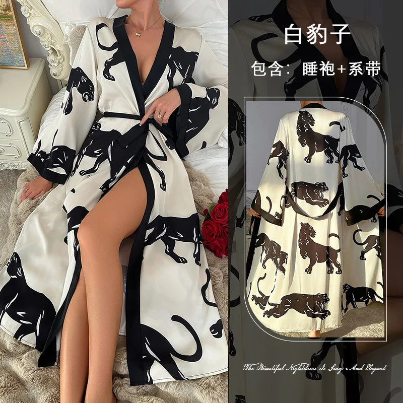 Wedding Party Dress Fashion Printed Robe Women's Clothing Loose Silk Satin Sleepwear Night Gowns Long Sleeve Ladies Bathrobe