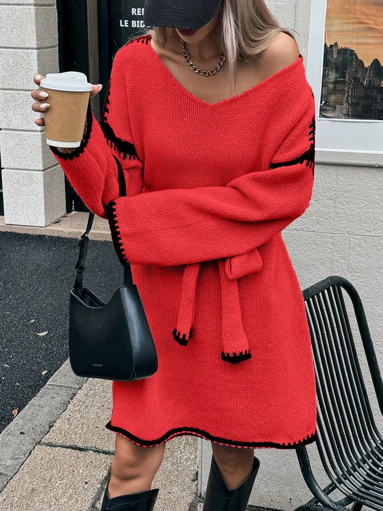Fashion V Neck Long Sleeve Belt Lace Up Waist Knitted Pullovers Sweaters Dress Women Belt Loose Outwear Autumn Winter Streetwear