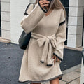 Fashion V Neck Long Sleeve Belt Lace Up Waist Knitted Pullovers Sweaters Dress Women Belt Loose Outwear Autumn Winter Streetwear