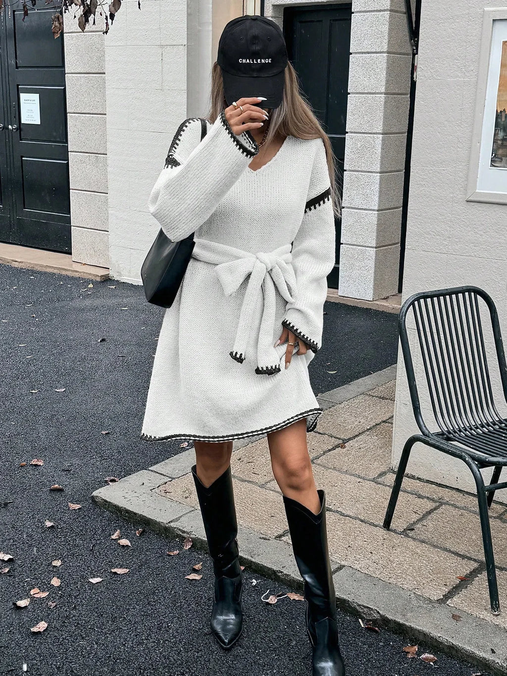 Fashion V Neck Long Sleeve Belt Lace Up Waist Knitted Pullovers Sweaters Dress Women Belt Loose Outwear Autumn Winter Streetwear