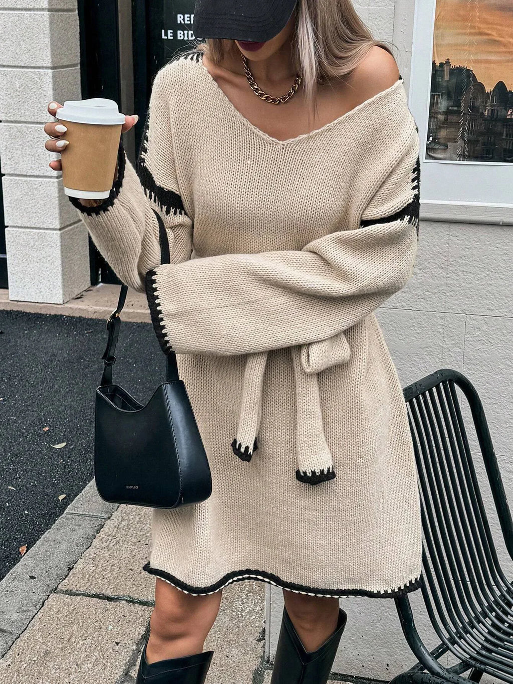 Fashion V Neck Long Sleeve Belt Lace Up Waist Knitted Pullovers Sweaters Dress Women Belt Loose Outwear Autumn Winter Streetwear