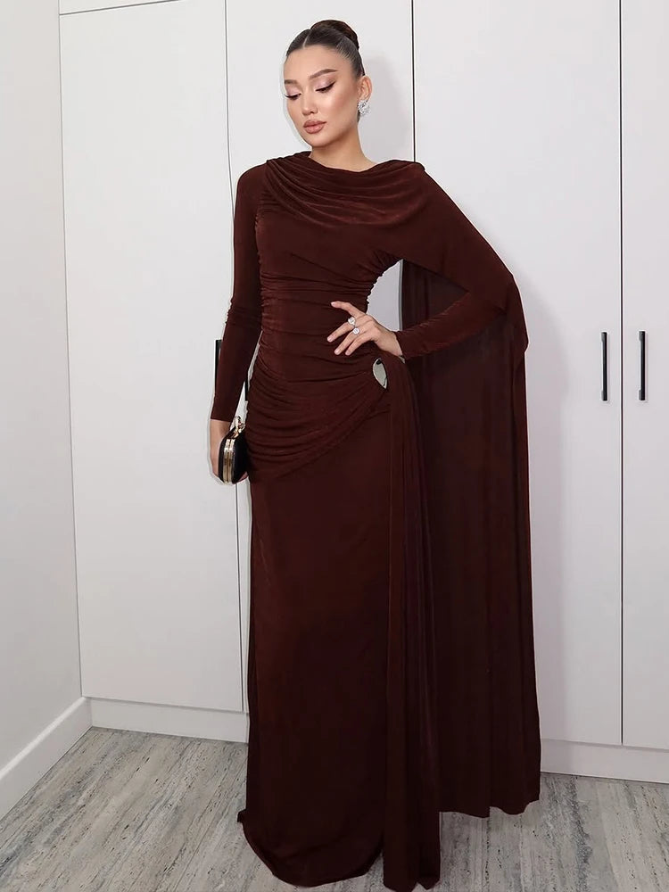 Whatiwear Casual Fashion Dress Woman Autumn Trend o-Neck Full Sleeve Ribbon High Waist Metal Decoration Ruched Elegant Vestidos