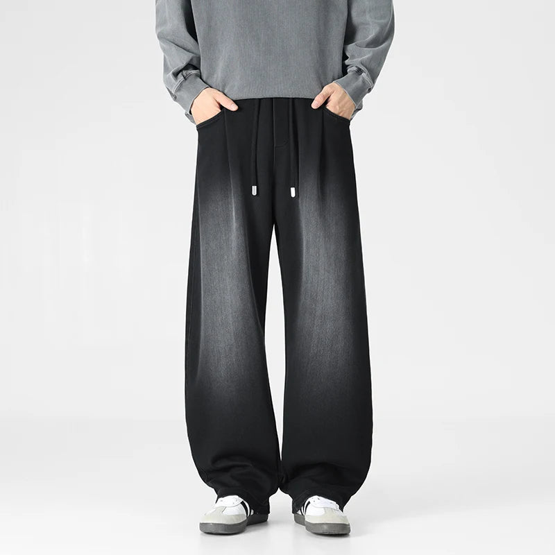 Baggy Jeans Men's Fashion 2026 New Wide Leg Straight Casual Drawstring Trousers Men's Clothing Fashion Vintage Denim Pants