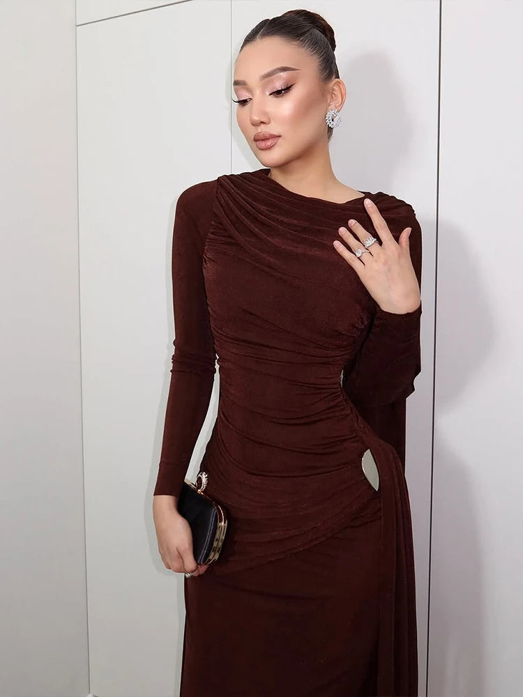 Whatiwear Casual Fashion Dress Woman Autumn Trend o-Neck Full Sleeve Ribbon High Waist Metal Decoration Ruched Elegant Vestidos