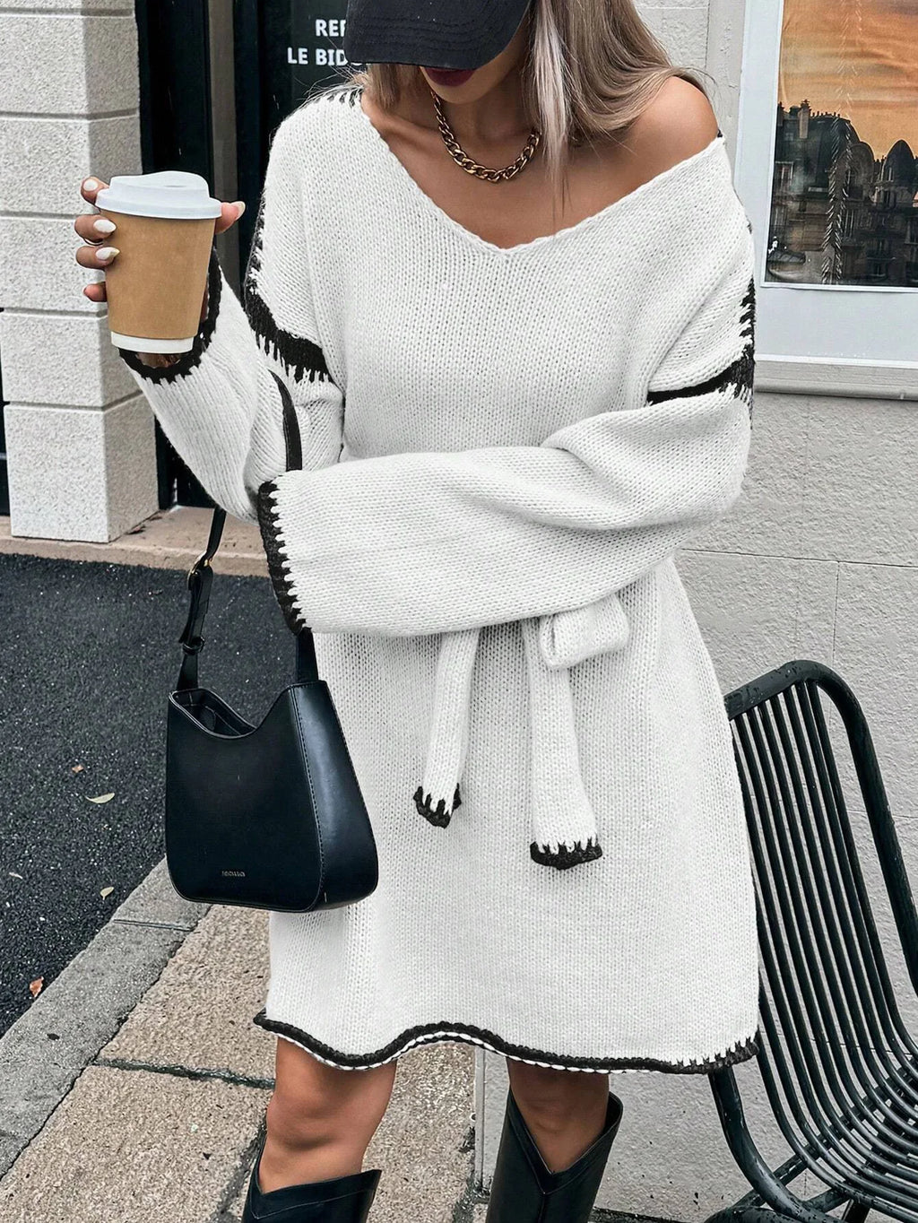 Fashion V Neck Long Sleeve Belt Lace Up Waist Knitted Pullovers Sweaters Dress Women Belt Loose Outwear Autumn Winter Streetwear