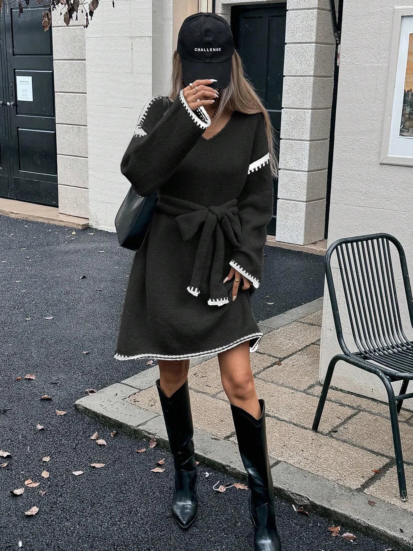 Fashion V Neck Long Sleeve Belt Lace Up Waist Knitted Pullovers Sweaters Dress Women Belt Loose Outwear Autumn Winter Streetwear