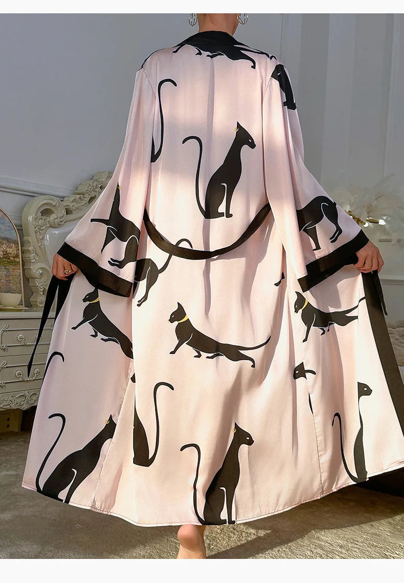 Wedding Party Dress Fashion Printed Robe Women's Clothing Loose Silk Satin Sleepwear Night Gowns Long Sleeve Ladies Bathrobe