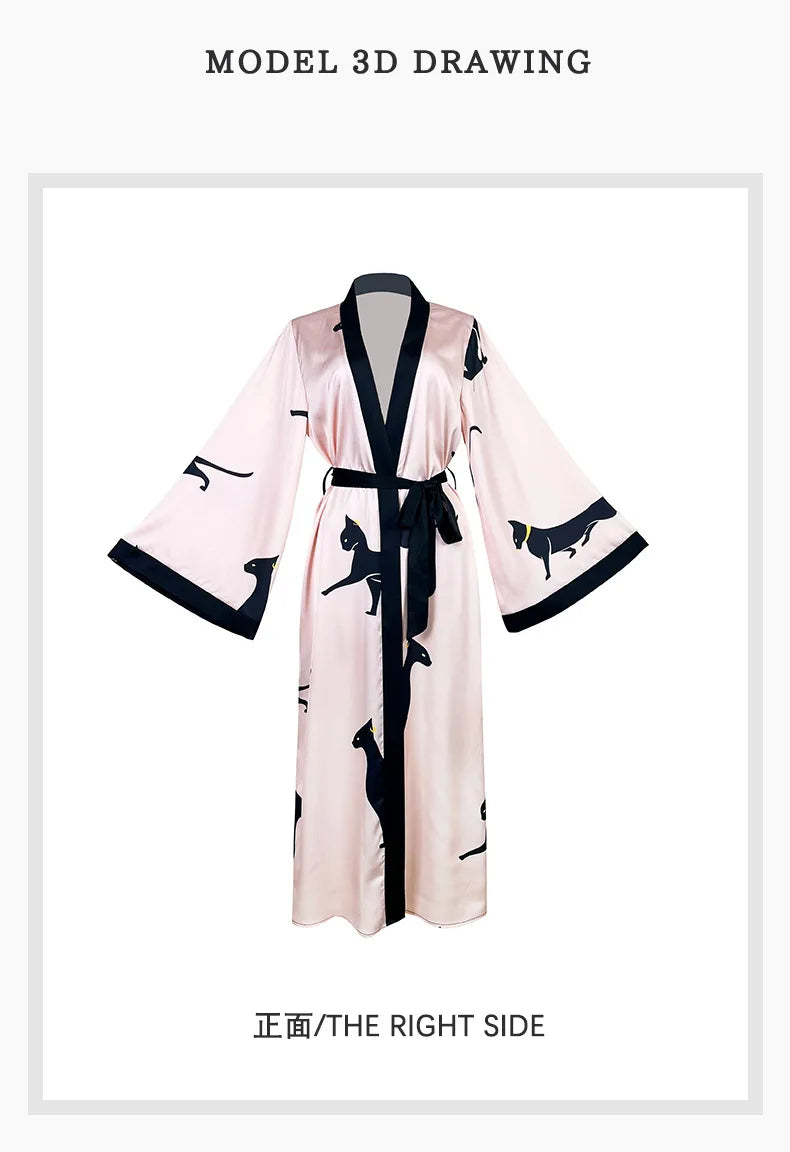 Wedding Party Dress Fashion Printed Robe Women's Clothing Loose Silk Satin Sleepwear Night Gowns Long Sleeve Ladies Bathrobe