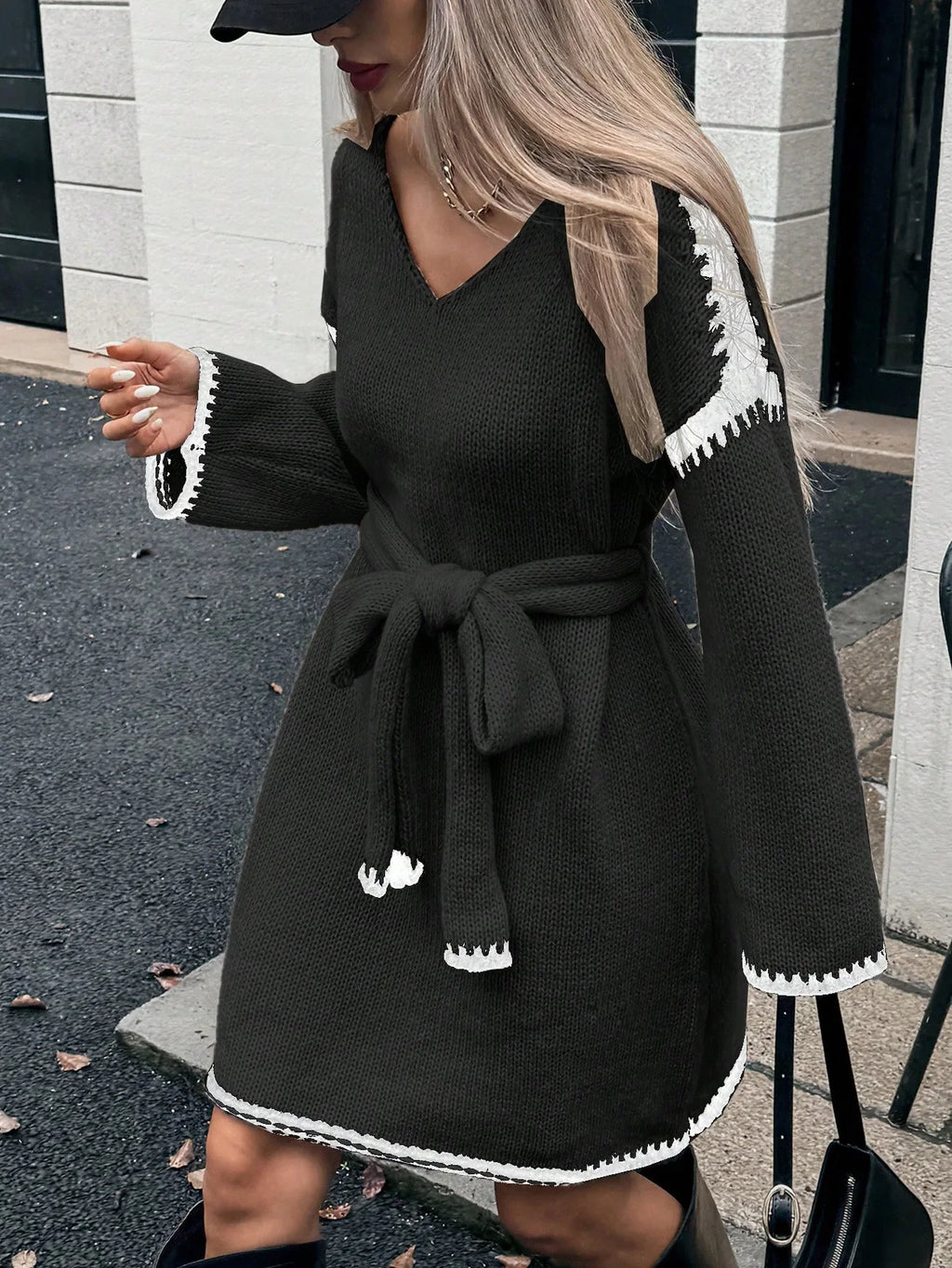 Fashion V Neck Long Sleeve Belt Lace Up Waist Knitted Pullovers Sweaters Dress Women Belt Loose Outwear Autumn Winter Streetwear