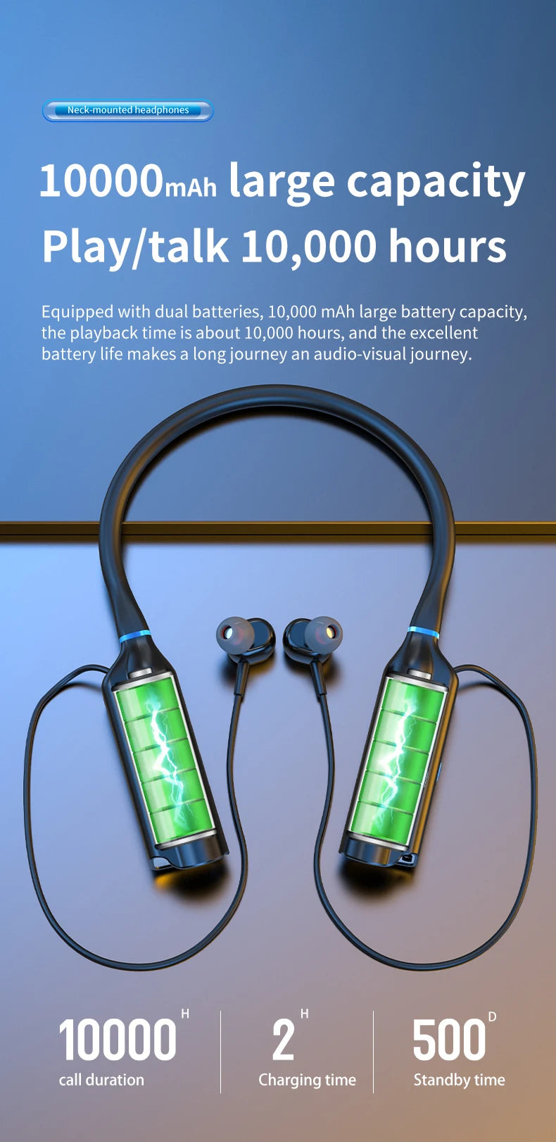 10000mAh 10000Hours Playback Wireless Bluetooth Earphones Magnetic Sports Running Headset Neckband Sport Earbuds Noise Reduction