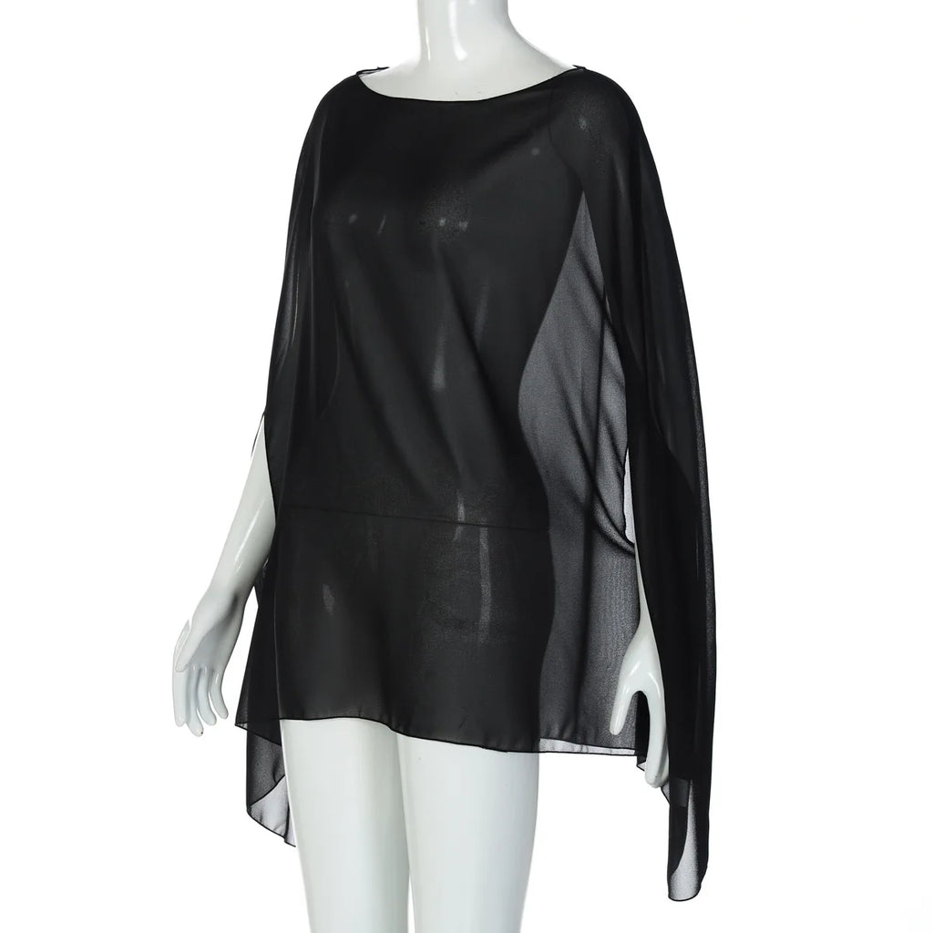 Woman Clothes See-through Chiffon Blouses Sexy Fashion Solid Cover-ups Ladies Elegant Night Club Tops White Black Streetwear