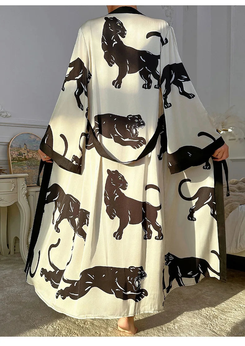 Wedding Party Dress Fashion Printed Robe Women's Clothing Loose Silk Satin Sleepwear Night Gowns Long Sleeve Ladies Bathrobe