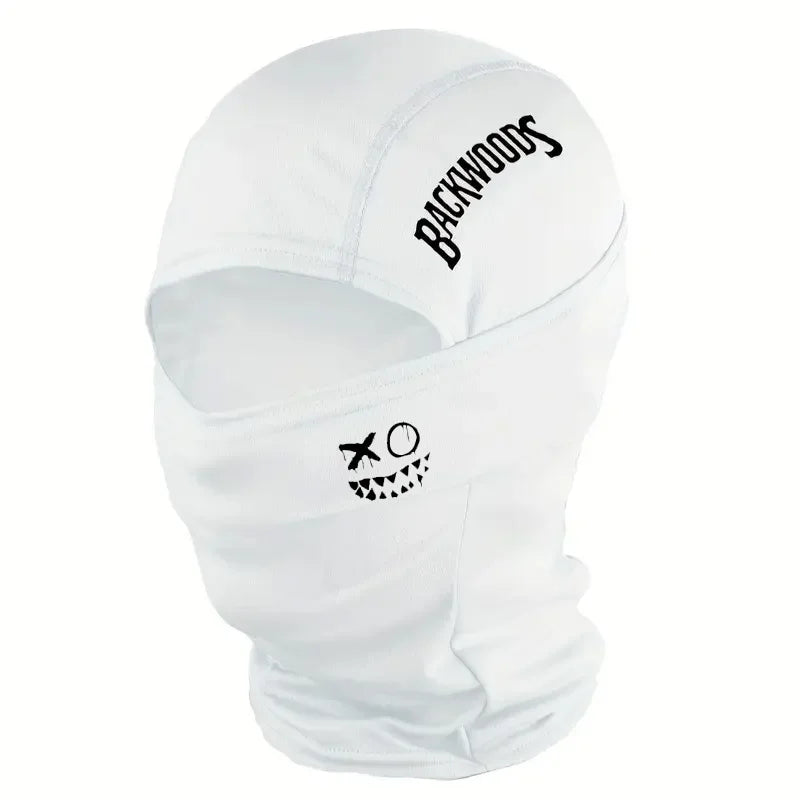 "BACKWOODS" letter and smiling face Balaclava cap full face mask, suitable for outdoor sports