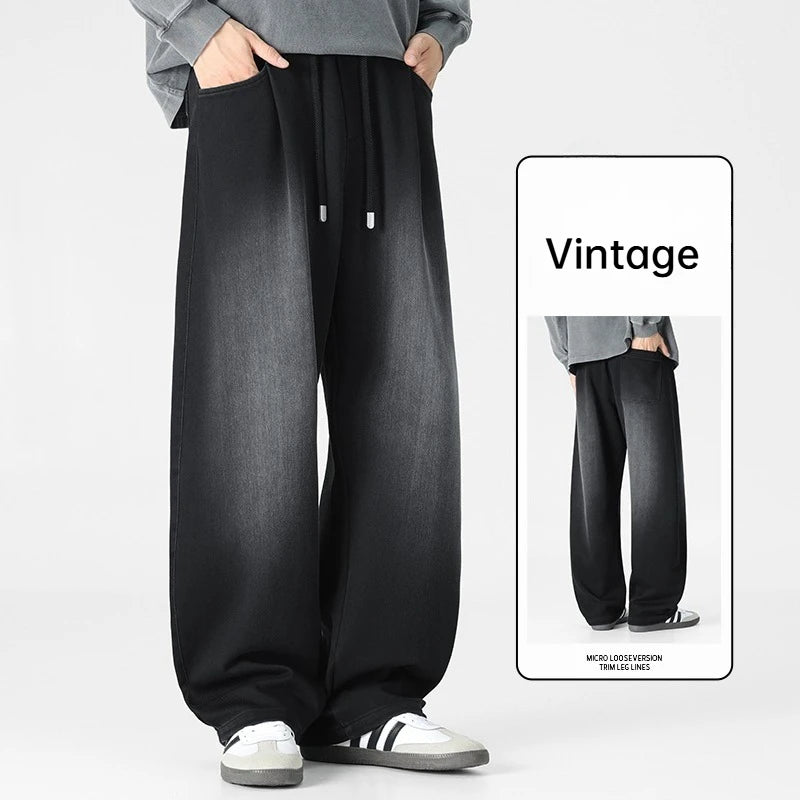 Baggy Jeans Men's Fashion 2026 New Wide Leg Straight Casual Drawstring Trousers Men's Clothing Fashion Vintage Denim Pants