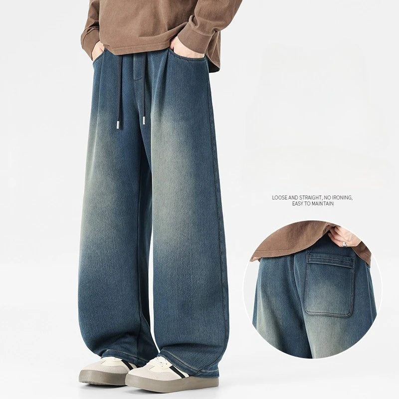Baggy Jeans Men's Fashion 2026 New Wide Leg Straight Casual Drawstring Trousers Men's Clothing Fashion Vintage Denim Pants