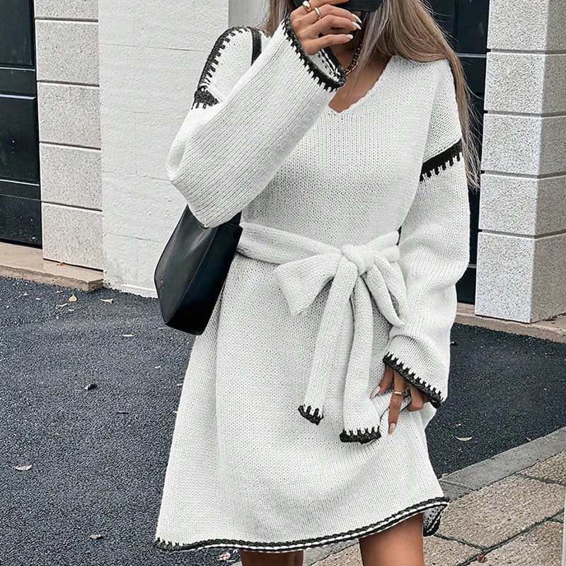 Fashion V Neck Long Sleeve Belt Lace Up Waist Knitted Pullovers Sweaters Dress Women Belt Loose Outwear Autumn Winter Streetwear