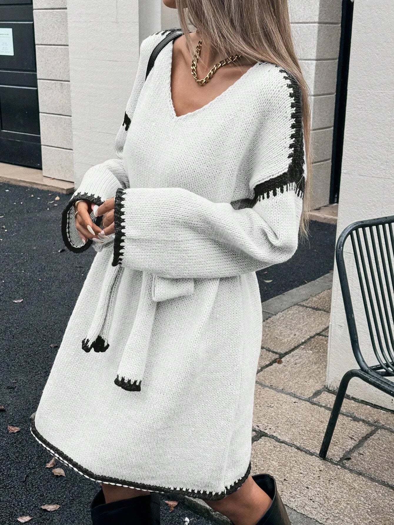 Fashion V Neck Long Sleeve Belt Lace Up Waist Knitted Pullovers Sweaters Dress Women Belt Loose Outwear Autumn Winter Streetwear