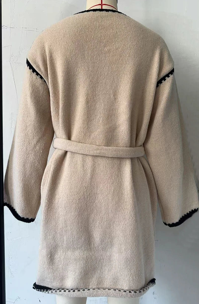 Fashion V Neck Long Sleeve Belt Lace Up Waist Knitted Pullovers Sweaters Dress Women Belt Loose Outwear Autumn Winter Streetwear