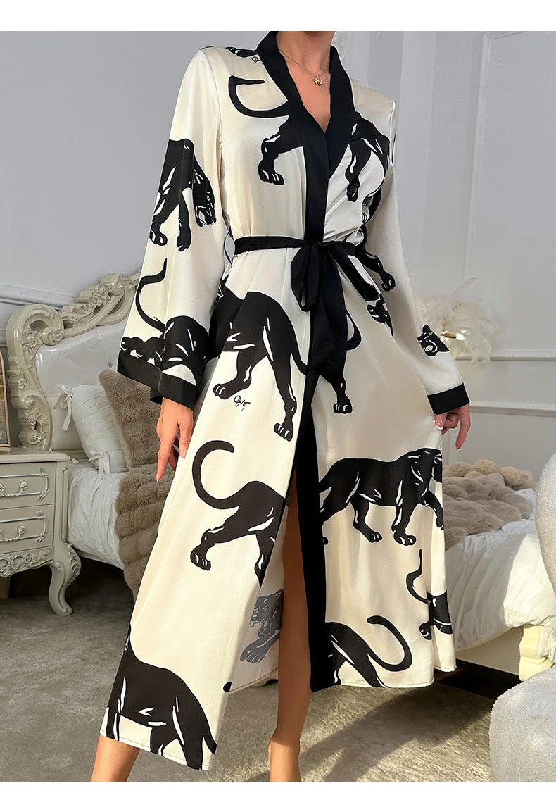 Wedding Party Dress Fashion Printed Robe Women's Clothing Loose Silk Satin Sleepwear Night Gowns Long Sleeve Ladies Bathrobe
