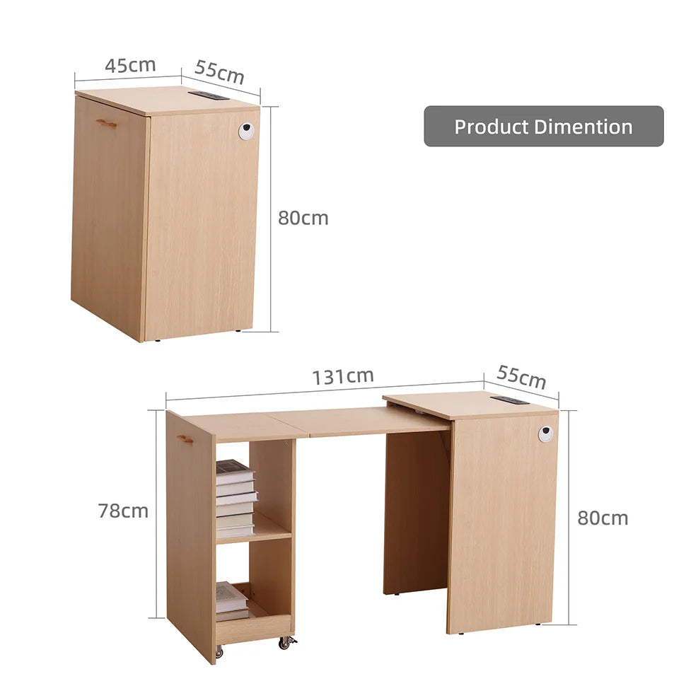 Wooden Home office Desk with Power Outlet, Storage Shelves & Wheels - Extendable Foldable table