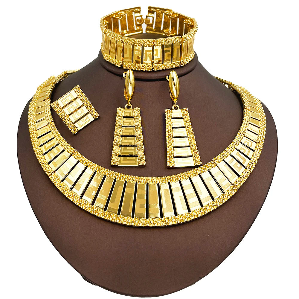 Dubai Jewelry Set Women Luxury Design High-end Gold Plated Necklace Bangle Earring Ring Daily Wear Accessory Ideal Gift