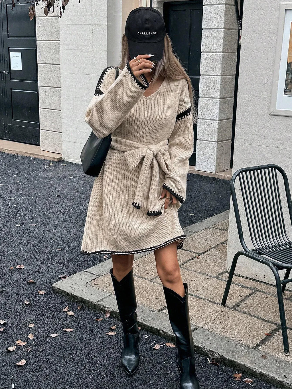 Fashion V Neck Long Sleeve Belt Lace Up Waist Knitted Pullovers Sweaters Dress Women Belt Loose Outwear Autumn Winter Streetwear