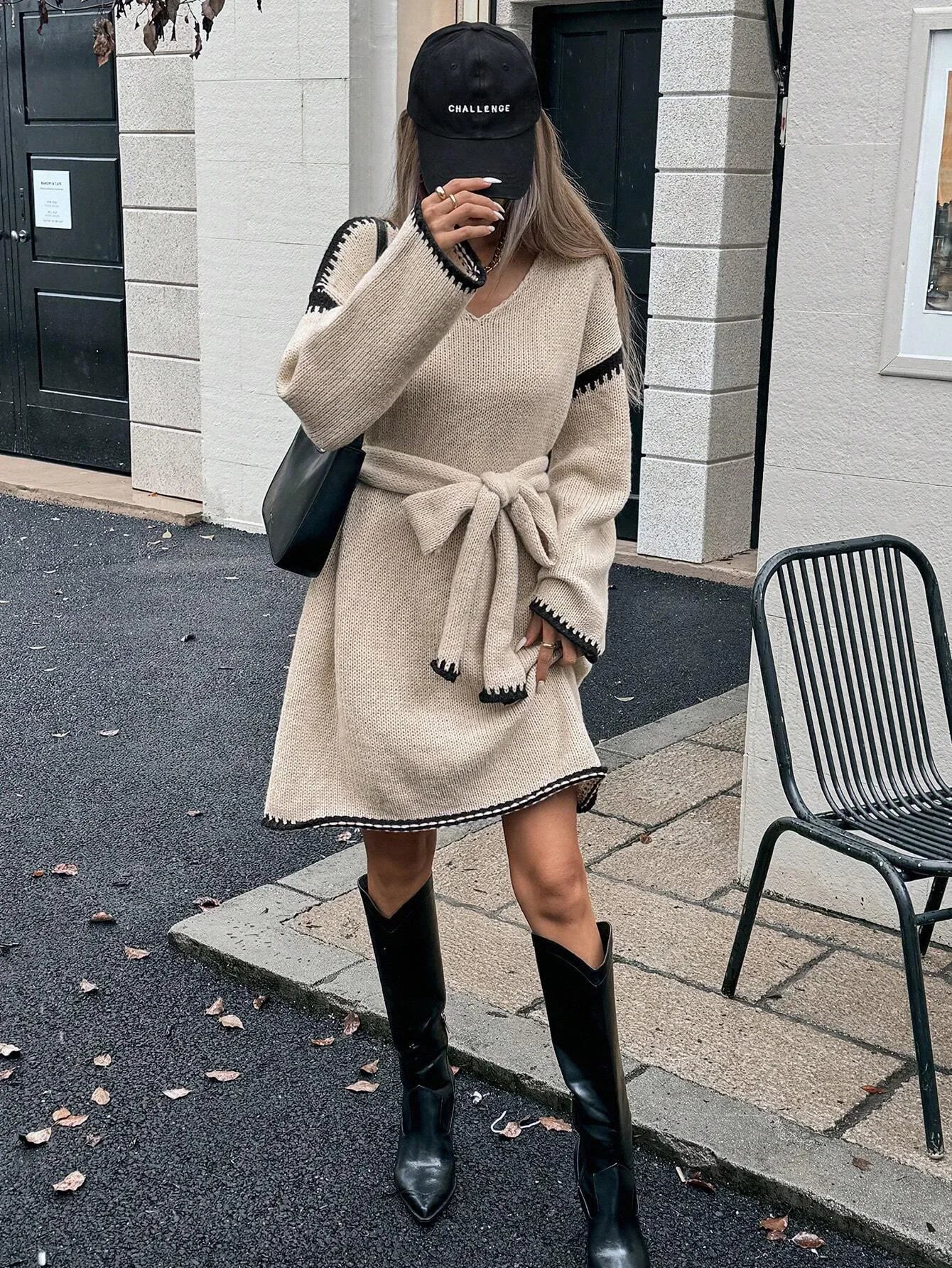 Fashion V Neck Long Sleeve Belt Lace Up Waist Knitted Pullovers Sweaters Dress Women Belt Loose Outwear Autumn Winter Streetwear