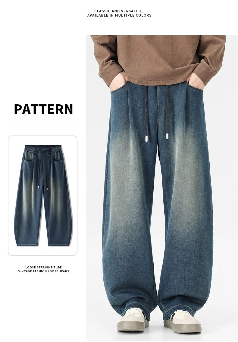 Baggy Jeans Men's Fashion 2026 New Wide Leg Straight Casual Drawstring Trousers Men's Clothing Fashion Vintage Denim Pants