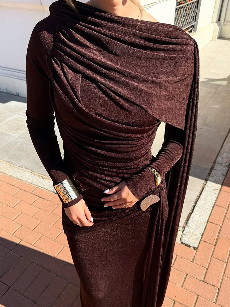 Whatiwear Casual Fashion Dress Woman Autumn Trend o-Neck Full Sleeve Ribbon High Waist Metal Decoration Ruched Elegant Vestidos