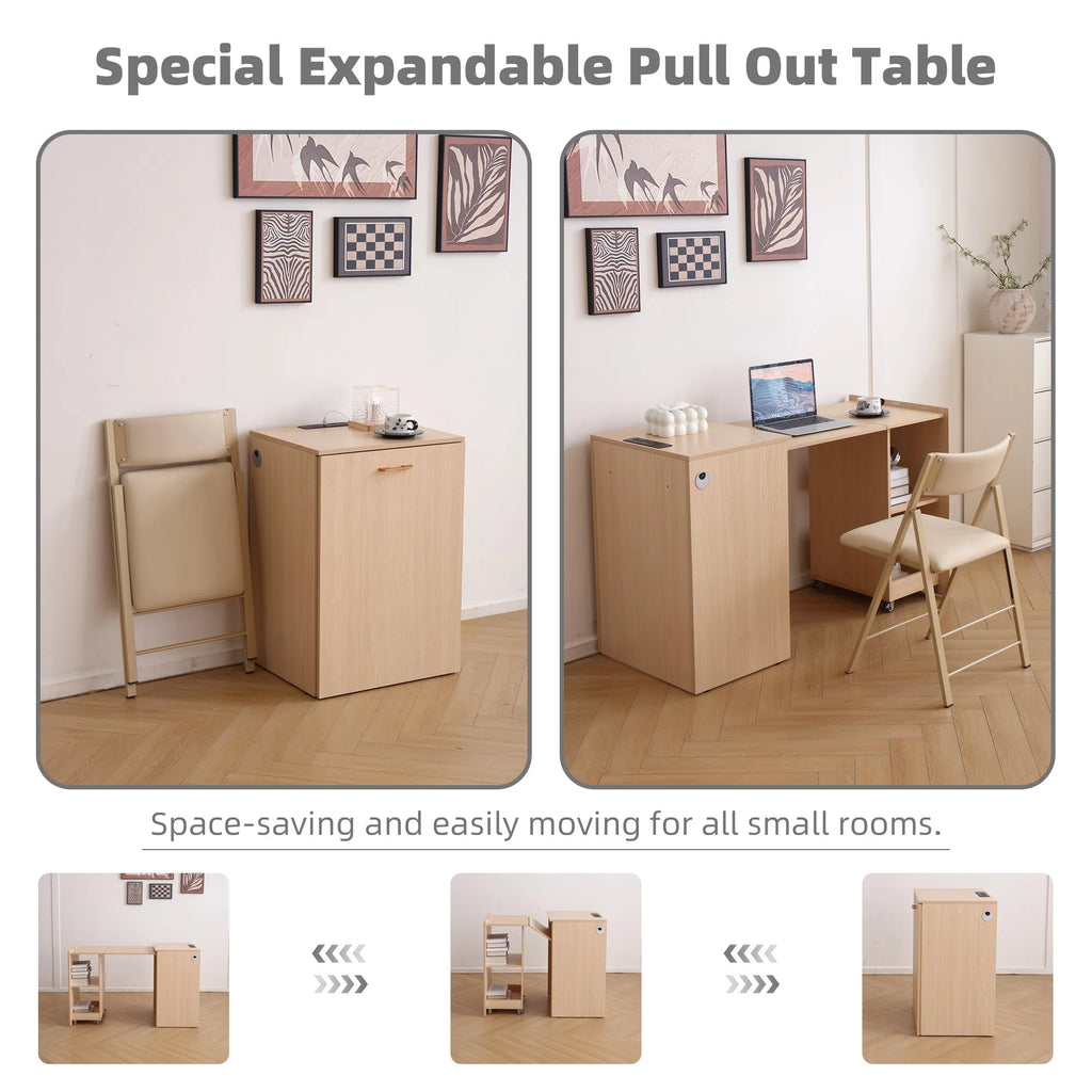 Wooden Home office Desk with Power Outlet, Storage Shelves & Wheels - Extendable Foldable table