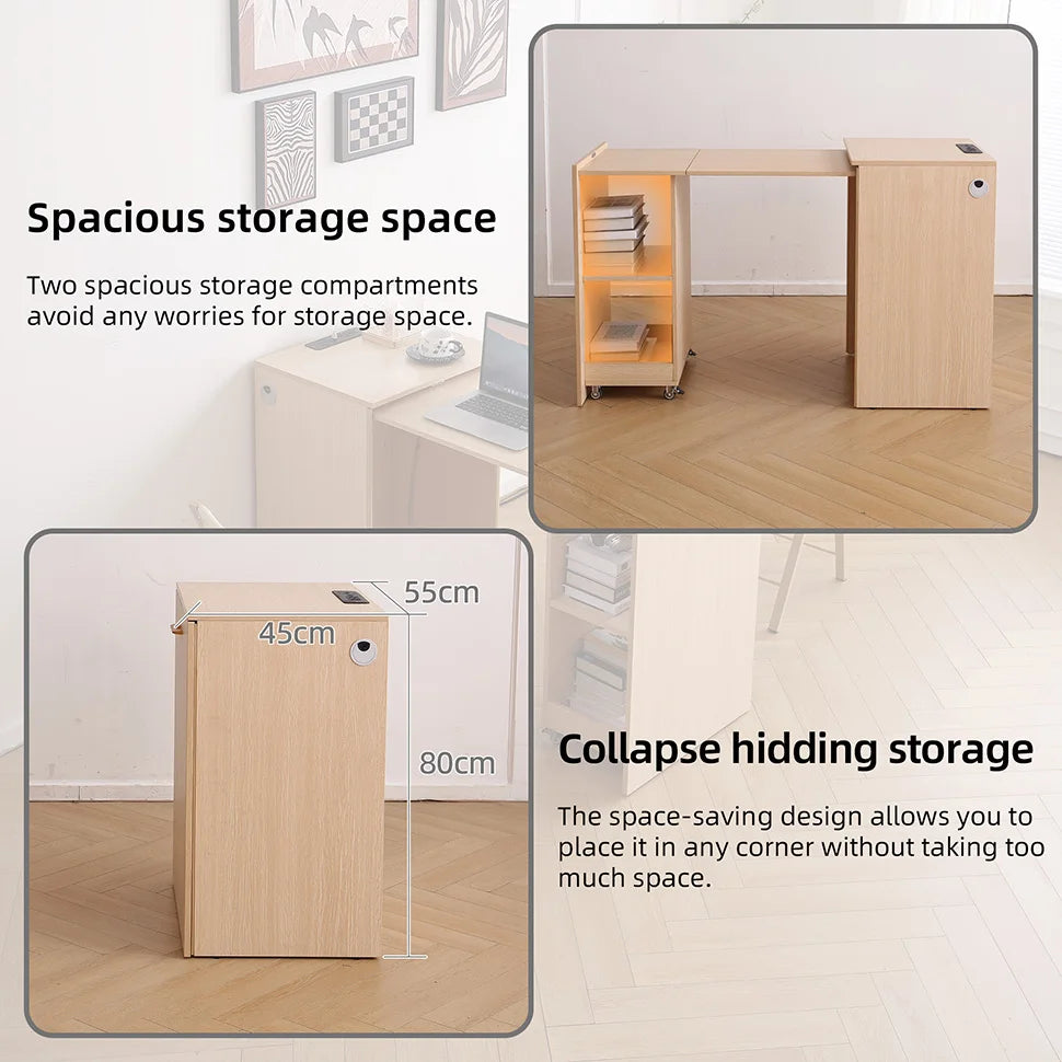 Wooden Home office Desk with Power Outlet, Storage Shelves & Wheels - Extendable Foldable table