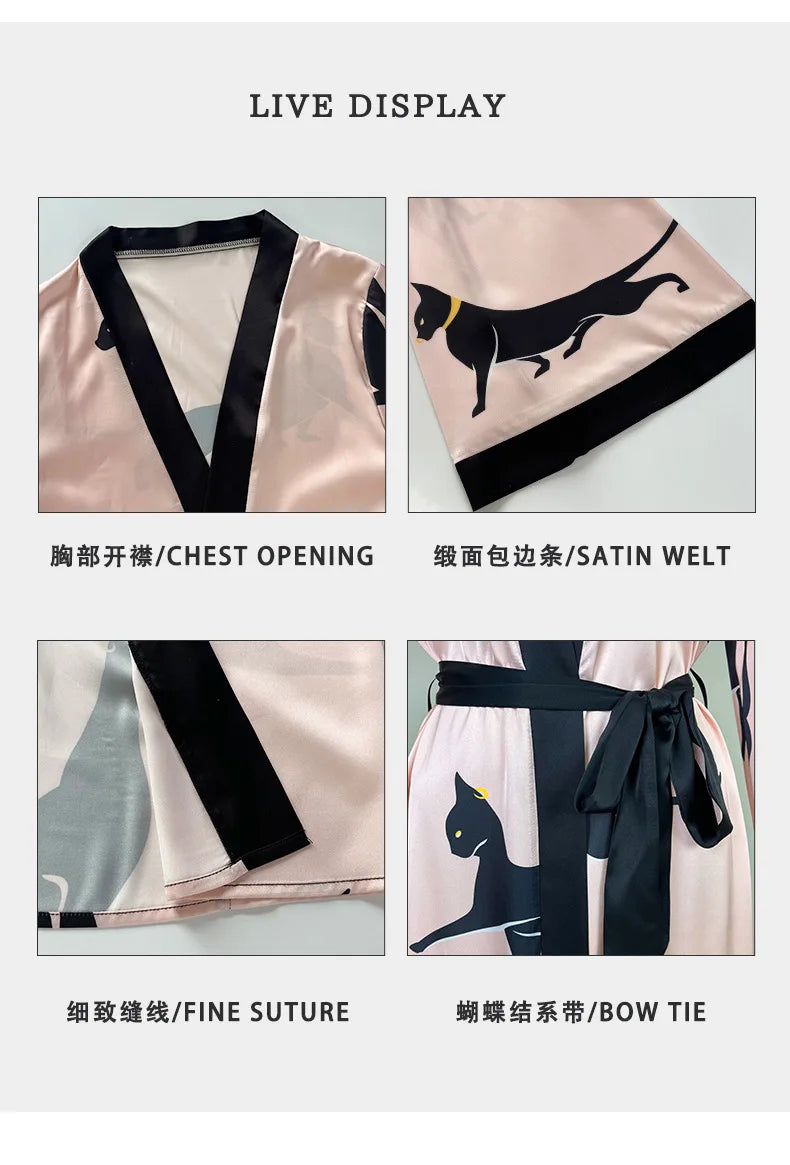 Wedding Party Dress Fashion Printed Robe Women's Clothing Loose Silk Satin Sleepwear Night Gowns Long Sleeve Ladies Bathrobe